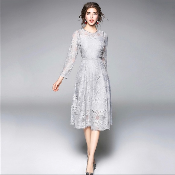 Grey Lace Slim A-Line MIDI Dress - Picture 3 of 4